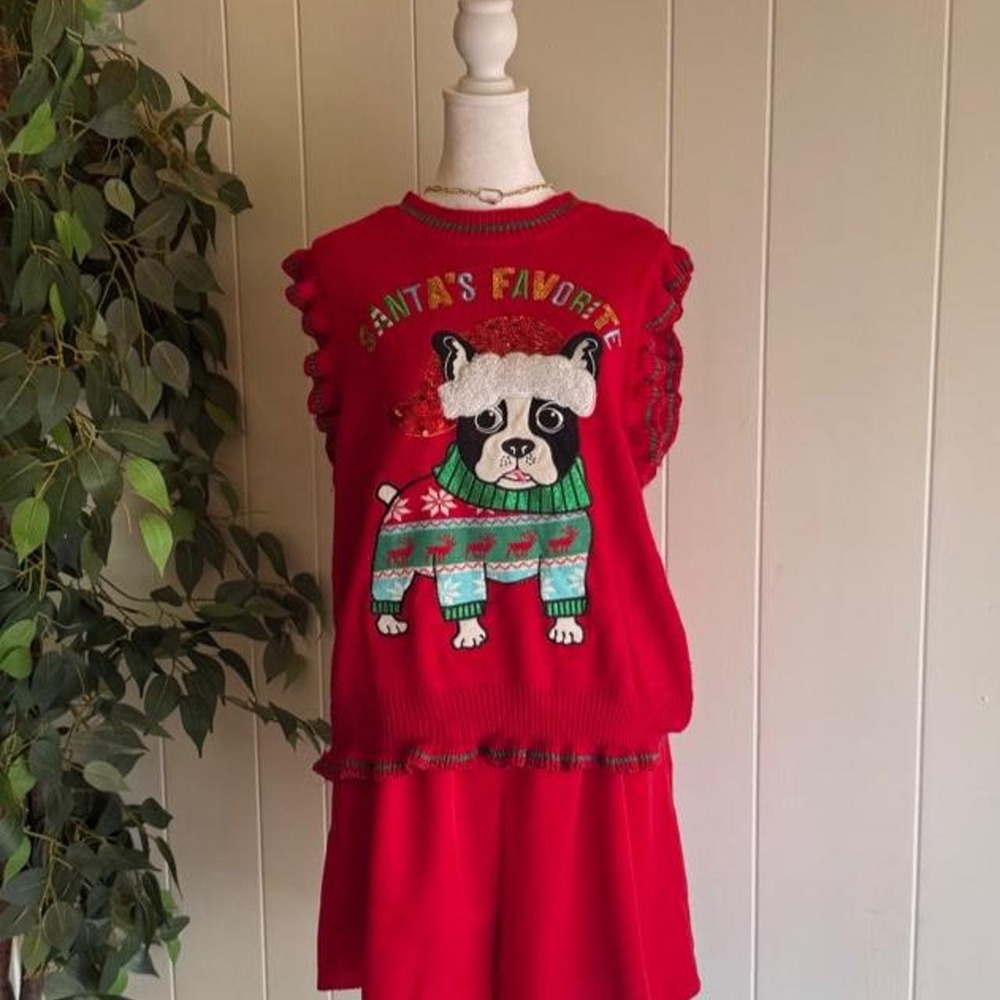 Red Blizzard Bay Red Christmas Ruffled Vest Boxer Dog Ugly Sweater Size Large
